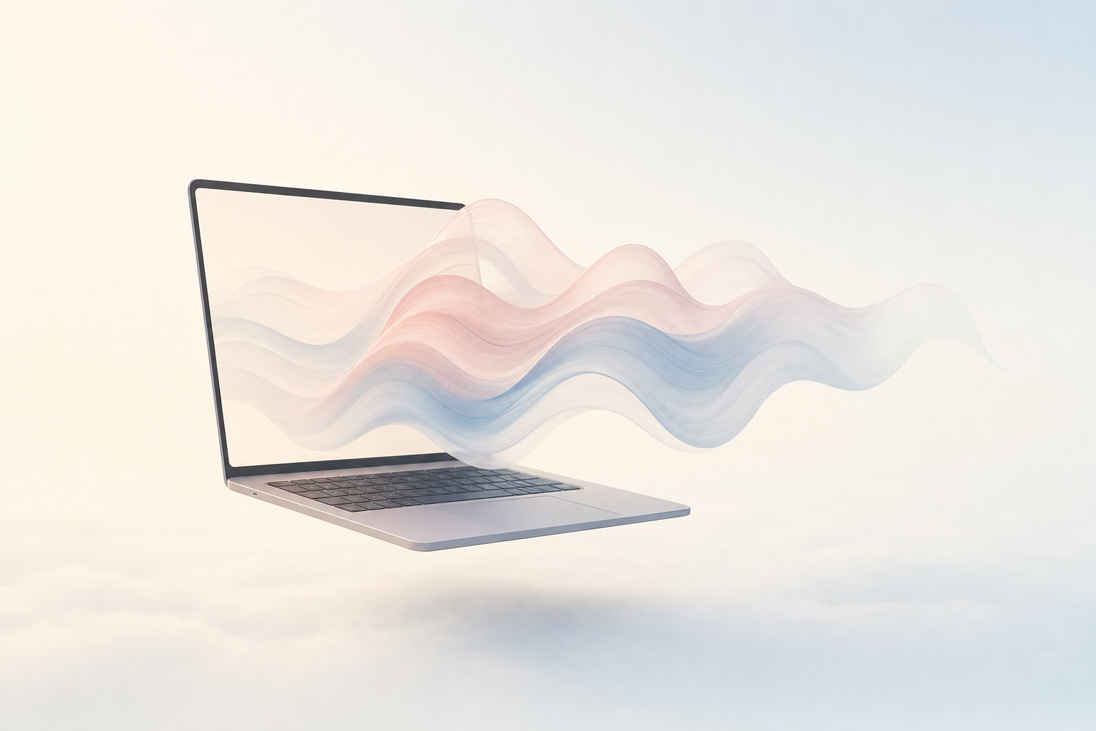 Calm illustration of a laptop with soft data waves emerging from the screen.